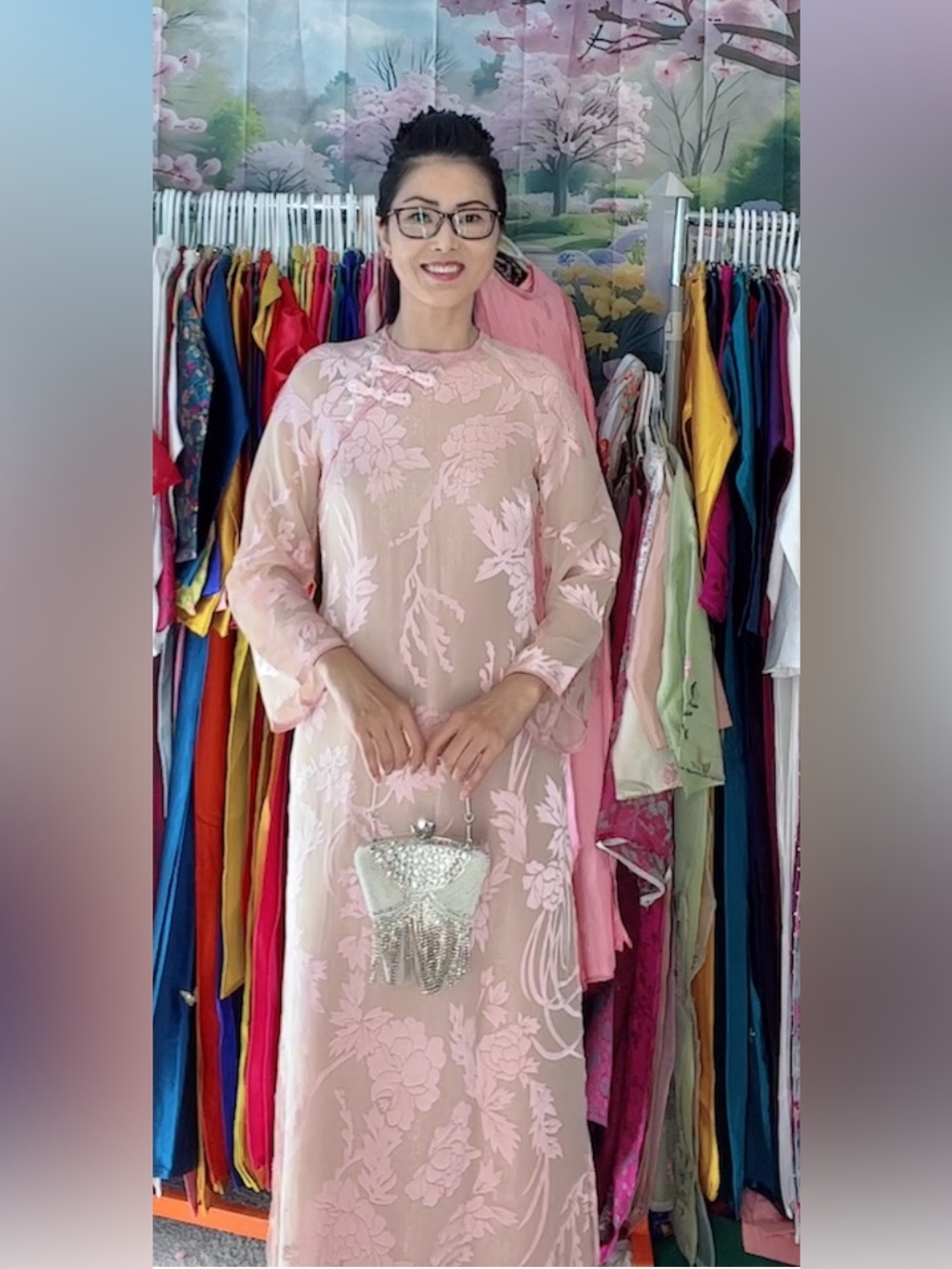 Ao dai suông tơ 4 tà, Vietnamese woman’s traditional long dress set pink m 2 🎁